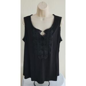 ROZ & ALI Women's Black Dressy Tank top w/Lace trim, Key-hole V neck -- Sz 1X
